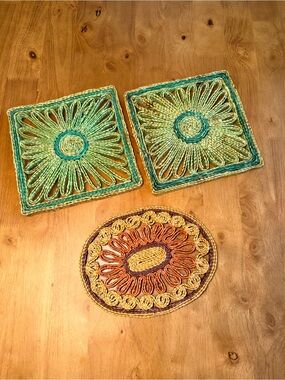 Vintage Woven Straw Trivet Set 3 Boho Raffia Hot Pads Green Orange Floral Square
